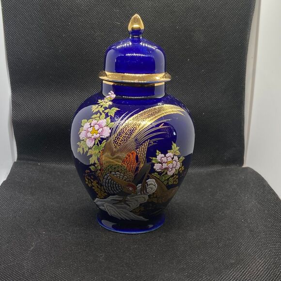 Other - Cobalt Blue Ginger Jar w Lid | Japanese Kutani Style Gold Floral Bird Vase